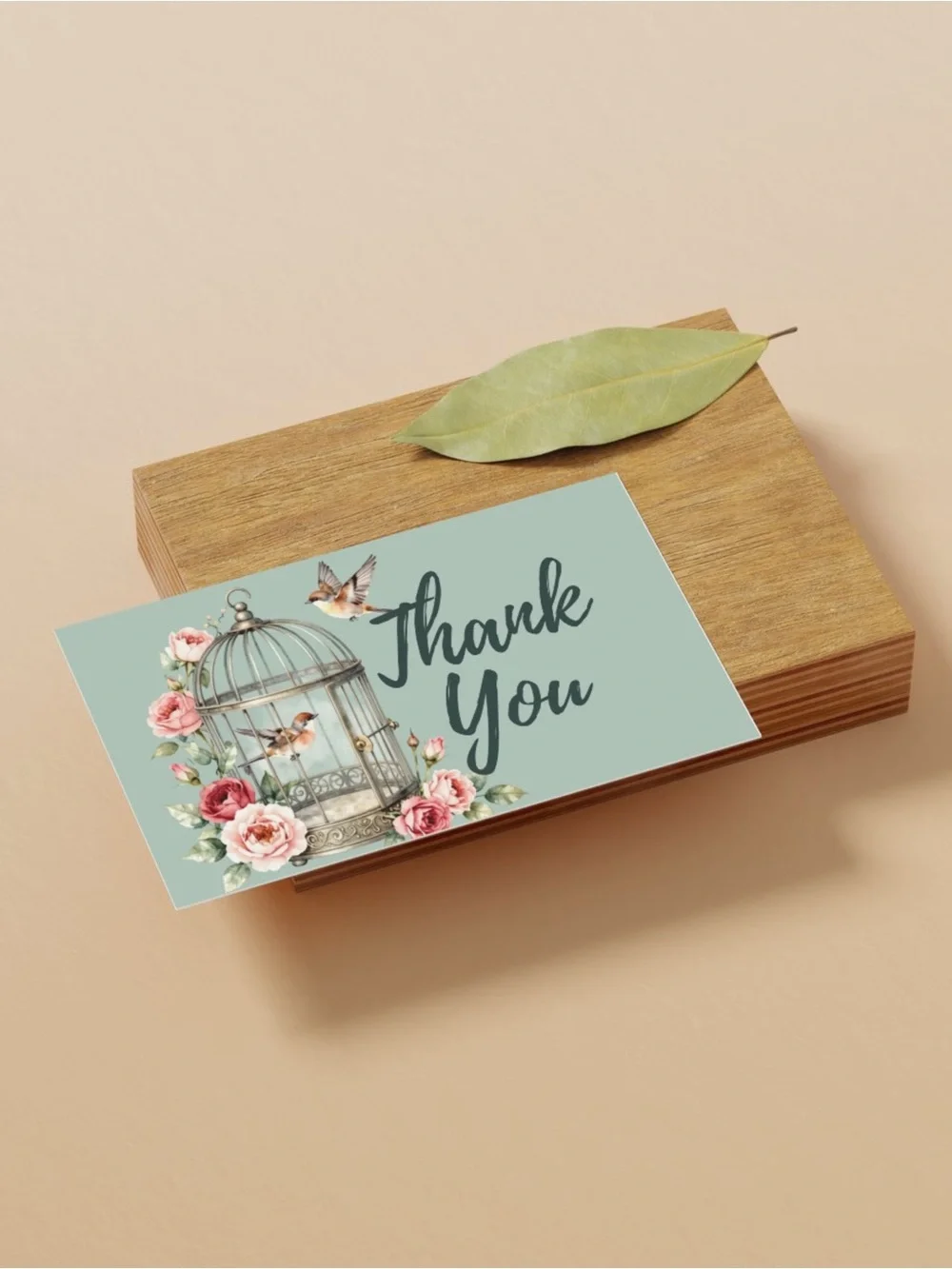 Floral Bird Cage Thank You Cards Set of 15 4x6 Turquoise Roses with Envelopes
